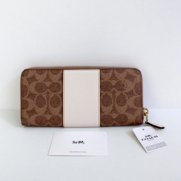 Coach Signature Coated Canvas Colorblock Leather Slim Accordion Zip Wallet Tan - Picture 2 of 7